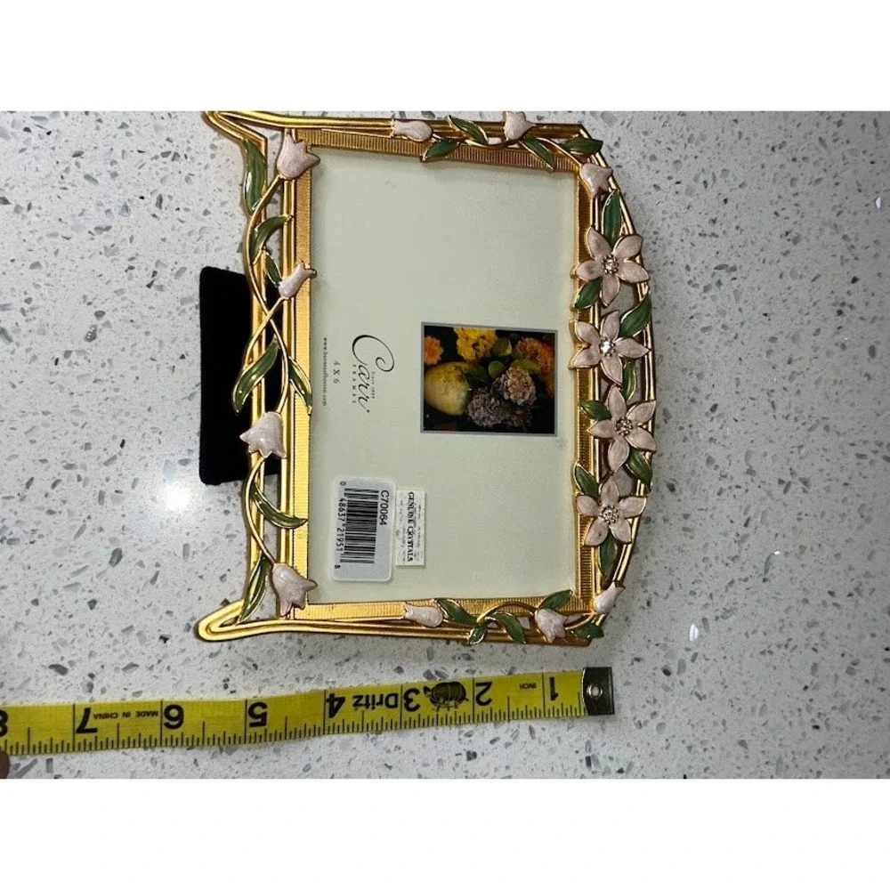 Carr Frames Gold Tone Enamel Floral‎ 4x6 Picture Frame Crystal Accents C70064